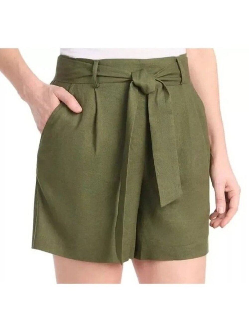 Dalia Women's S Olive Green High-Rise Linen Blend Shorts With Tie Belt P0232